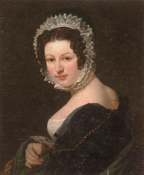 unknow artist Portrait of a young lady,half-length,wearing a black dress,with a green mantle,and a lace bonnet Sweden oil painting art